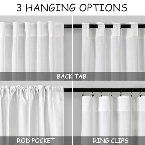 Image of Nanspring Extra Wide White Linen Curtains W100xL102 Inch Back Tab