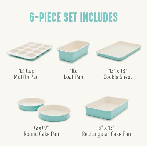 GreenLife 6 Piece Nonstick Bakeware Set, Non-Toxic PFAS-Free Ceramic Oven Pans, Dishwasher & Oven Safe to 450°F, Easy Release Baking Sheet, Loaf Pan, Rectangle & Round Cake, Muffin Pan, Turquoise - Image 4
