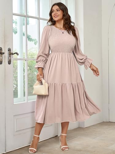 Image of SHESTARR Women's Plus Size Dress Long Sleeve Crewneck Smocked Tiered Flowy Boho Wedding Party Maxi Dresses