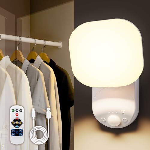 Closet Lights Battery Operated, Rechargeable Wall Lights, Motion Sensor Light Indoor LED Lamp with Remote, Magnetic Wireless 3Color Temperatures & Dimmable Light for Closet Porch Stairs Hallway Garage