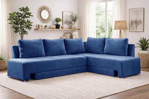 Image of Rosebell L-Shape 5 Seater Sofa Cum Bed, Sectional Couch with Cushions, Space Saving Corner Sofa, Modern Foldable Seating & Sleeping Solution for Living Room, Guest Room & Small Spaces - Blue Color