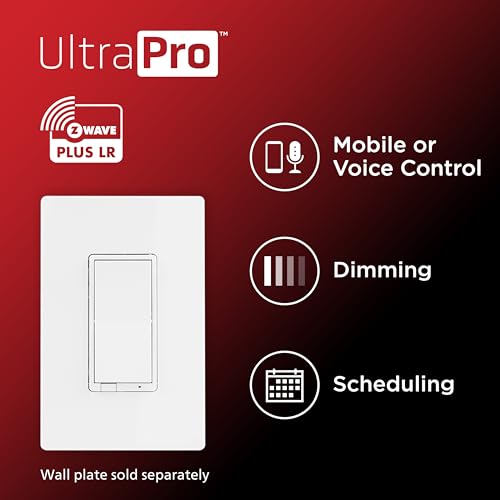 Image of UltraPro Z-Wave Long Range Dimmer Switch, 800 Series, Paddle, 1 Pack | Plastic Yoke, Flying Leads, Single-Pole or 3-Way Support, White, Hub Required, Works with Alexa & Google Home