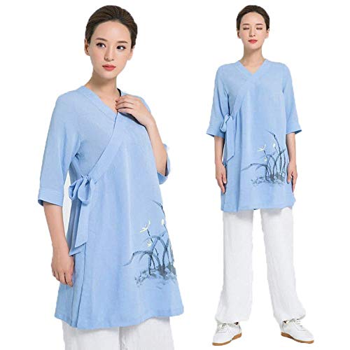 JINFAN Women's Tai Chi Suit Martial Arts Uniform Hand Painted Flowers Linen Martial Arts Suit Yoga Suit Traditional Chinese Meditation Suit Sloping Collar,Blue-S
