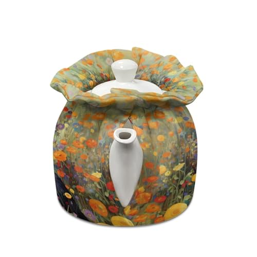 Image of Xoenoiee Black Cat Floral Print Tea Pot Cosy Cotton Tea Cozy for Teapots Dust Cover Insulated Kettle Cover Teapot Warmer for Home Kitchen Decorative Accessories