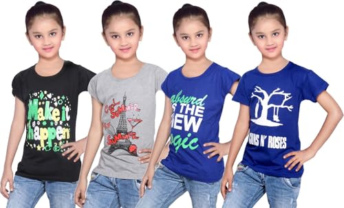 Image of indi weaves Girls Pure Cotton Chest Printed Half Sleeves Round Neck T-Shirts (Pack of 4)