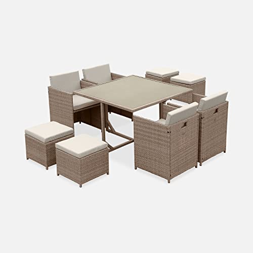 Alice's Garden - Table de Jardin encastrable résine tressée + 8 assises – Vabo – Coloris Beige. Coussins Beige. Table encastrable