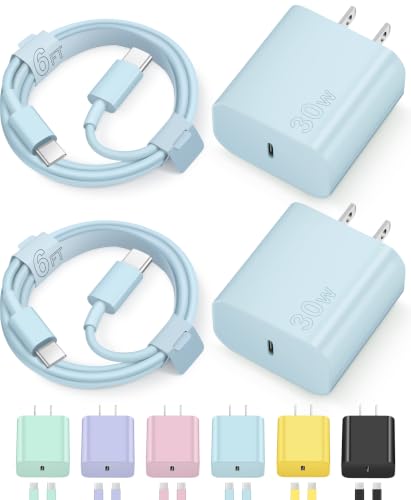 Image of iPhone 17 16 15 Charger Fast Charging 30W USB C Chargers Block Type C Charger 2 Pack 6FT Cord for iPhone 17 /17 Plus /17 Pro Max /Air /16 /16 Plus /16 Pro Max /15 Pro Max /iPad Pro /Samsung (Blue