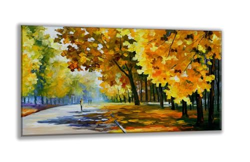 Cuadro moderno otoñal con avenida arbolada pintada con espátula entre hojas doradas y luces tenues: escena poética que combina energía cromática, movimiento y paz en una explosión de colores cálidos.