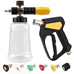 Stubby Pressure Washer Gun with Snow Foam Cannon, Adaptor Compatible with Karcher K2-K7, 6 in 1 Spray Nozzle Tips, 1L Foam Bottle, for Car Washing, Watering Plants, Cleaning Fences, Patios & Sidewalks