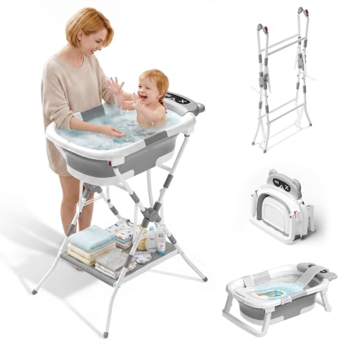 Image of 2-in-1 Foldable Baby Bathtub with Stand, Newborn Tub for Infant to Toddler, Easy-Store Design, Baby Shower Gift for New Parents, Grey