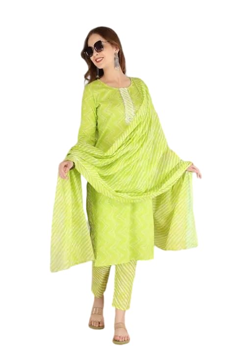 Round Neck Zigzag Printed Light Green Kurta Pajama and Dupatta Set for Women-image-10