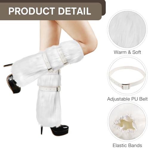 Image of QZUnique Faux Fur Leg Warmer with PU Belt Warm Furry Winter Boot Cuff Covers Women Fuzzy Leg Sleeves Party Accessory Set