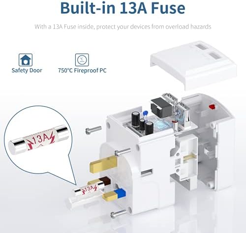 PIBEEX Plug Adapter, Multi Plug Extension with USB 3 Way 2 USB Ports Wall Plug Adapter USB Wall Socket 13A Power Socket No Power Cord for Home Travel