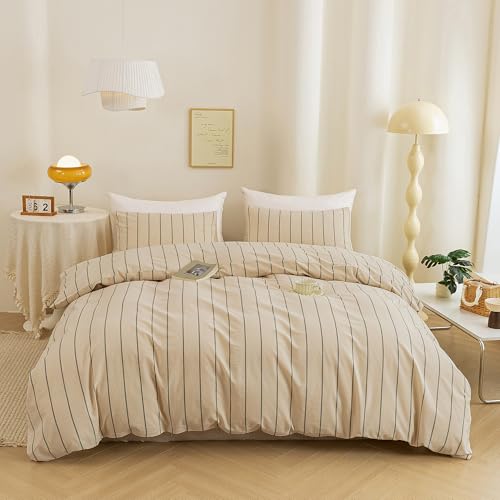 Image of ECOCOTT Striped Duvet Cover Queen Size, 100% Washed Cotton Linen Feel Comforter Cover, 3PCS Vertical Stripe Bedding Set with Zipper Closure & Corner Ties