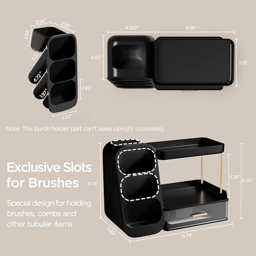Image of HBlife Bathroom Organizers and Storage with Brush Holder for Vanity, 3 Tier Plastic Makeup Organizer for Dresser Counter, Skincare, Lipstick, Perfume, and Cosmetic Storage, Black