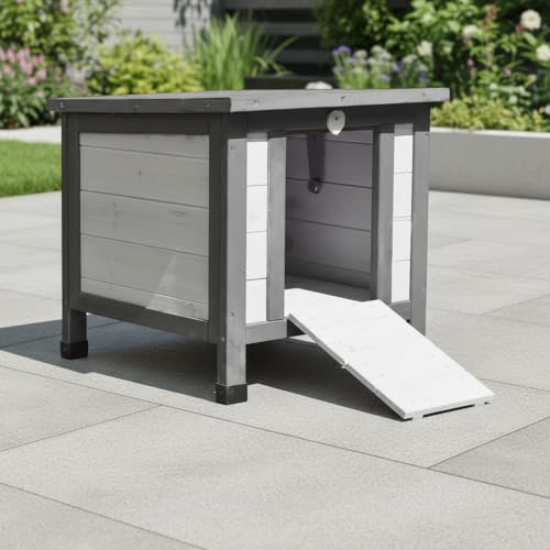 Mucola Katzenhaus Winterfest mit klappbarem Deckel und Rampe 50x45x43cm Katzenhütte Outdoor Wurfkiste Holz Katzenhöhle Katzenschlaftplatz