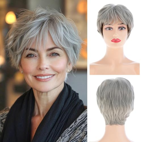 RicHyun Women's Short Gray Pixie Cut Wig with Bangs Natural Looking Synthetic Hair for Cosplay Daily Wear
