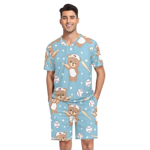 Men's Pajama Set Cute Bear Play Baseball Short Sleeve with Shorts Pockets Sleepwear Set Summer Loungewear