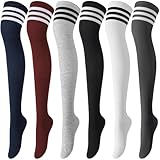 Trifabricy 6 Pairs Thigh High Socks for Women, Warm Winter Over Knee High Socks, Extra Long Striped High Boot Stockings for Daily Wear, School, Travel, Cosplay