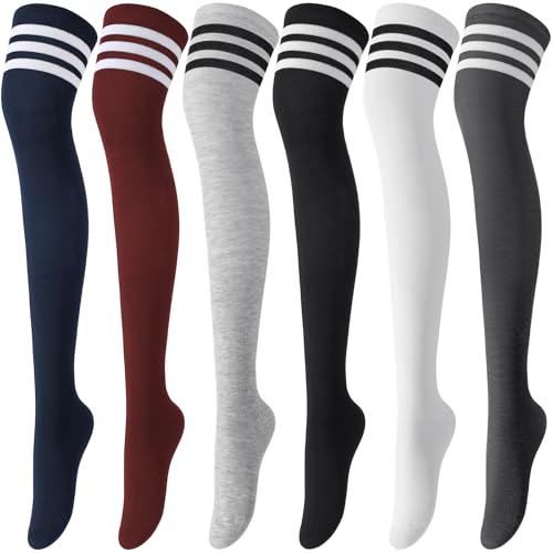 Trifabricy 6 Pairs Thigh High Socks for Women, Warm Winter Over Knee High Socks, Extra Long Striped High Boot Stockings for Daily Wear, School, Travel, Cosplay
