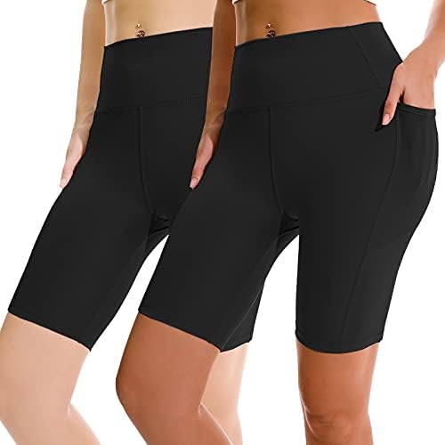 APEXUP Workout Shorts, 8" Biker Shorts Women High Waist, Spandex Yoga Shorts with Side & Inner Pockets (Black-2 PK, X-Large)