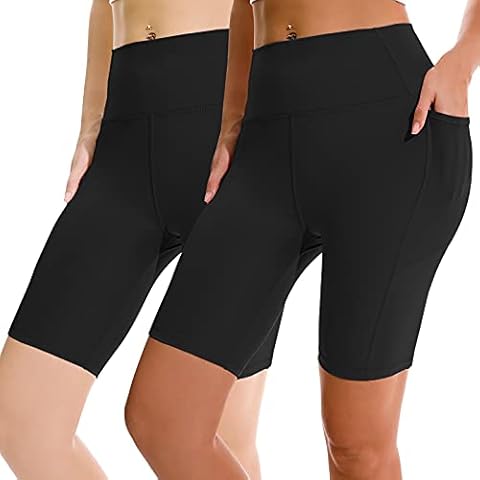 APEXUP Workout Shorts, 8" Biker Shorts Women High Waist, Spandex Yoga Shorts with Side & Inner Pockets (Black-2 PK, X-Large) Cover