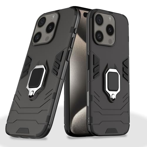 Image of Pikkme Back Cover for iPhone 16 Pro | 360 Protection | Ring Holder | Kickstand | Tough Armor Case (Black)