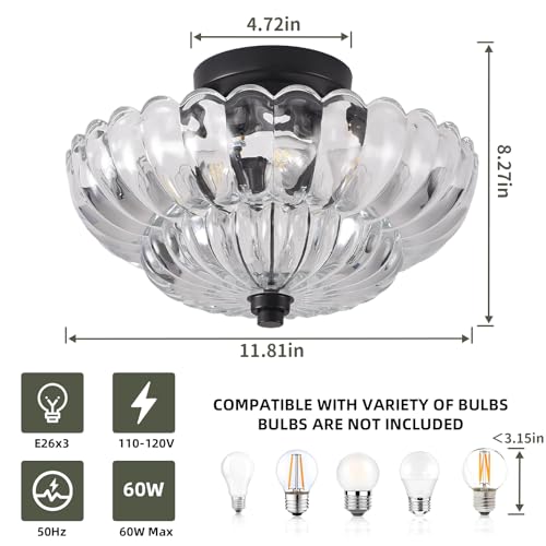 Image of Semi Flush Mount Ceiling Light, 11.8 Inch Black Vintage Hallway Light Fixture with Transparent Glass, Close to Ceiling Light for Bedroom Kitchen Living Room Bathroom Foyer, E26 Base