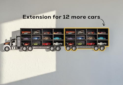 Image of Truck Shape Die Cast Car Display Shelf for 1:64 Scale Toy Cars | Wall Mounted MDF Storage Organizer | Personalized Name Option | 12 Slots, 20 Slots & Extension Add-On (Turbo Garage Extension)