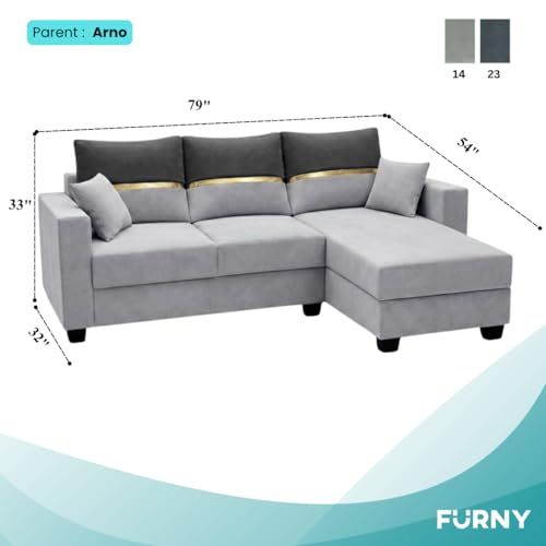 Image of Furny Arvea 4 Seater Fabric RHS L Shape Sofa Set (Light Grey-Dark Grey) | Soft Velvet Fabric | Modern Design | Comfortable Seating | Living Room Furniture