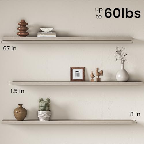 Image of Fun Memories 67Inch Long Floating Shelves, 8 Inch Deep Shelves for Bedroom|Living Room, Wall Mounted Wood Hanging Shelf with Invisible Brackets for Fireplace Mantel Home Storage Decor, Grey - 2 Pack