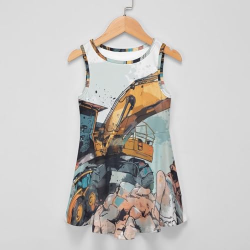 Cartoon Excavator and TractorChildren's Sleeveless Dress, Suitable for Travel and Home90CM3
