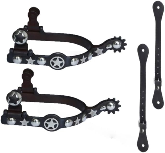 Western Cowboy Spurs with Silver Stars & Rowel Gear - Includes Black Leather Straps & Buckle for Riding Boots, Cowboy Style​