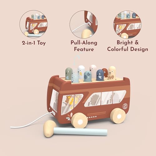 Image of Speedy Monkey Bus Pounding Bench, Pull-Along Bus with Hammering Activity, 8 Wooden Characters, Enhances Hand-Eye Coordination, Safe Design, Non-Toxic Paint, Educational Toy for Kids 2-5 Years | pull-along bus, 8 characters, hammering & pounding toys, montessori toys, hand-eye coordination, creative motor skill, gift