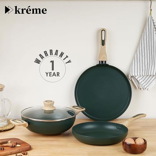 Image of Kreme Venetia Premium Granite Non-Stick 4 Pc Cookware Set | 24cm /2.5L Kadai with Lid 24cm /1.4L Frypan, 28cm Dosa Tawa | Granite Coating | Induction & Gas Stove Use | Healthy Low-Oil Cooking, Green