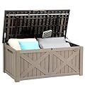 YITAHOME 120 Gallon Large Outdoor Storage Box w/Divider & Storage Net, Waterproof Resin Deck Box Cushion Storage Bench for Patio, Pool Supplies, Garden Tools - Lockable, Taupe