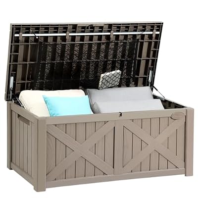 YITAHOME 120 Gallon Large Outdoor Storage Box w/Divider & Storage Net, Waterproof Resin Deck Box Cushion Storage Bench for Patio, Pool Supplies, Garden Tools - Lockable, Taupe