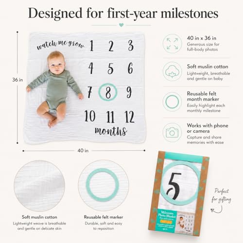 Image of Kate & Milo Baby Milestone Blanket with Monthly Markers, Muslin Cotton Infant Photo Prop Blanket for Newborn Photos and First Year Milestones