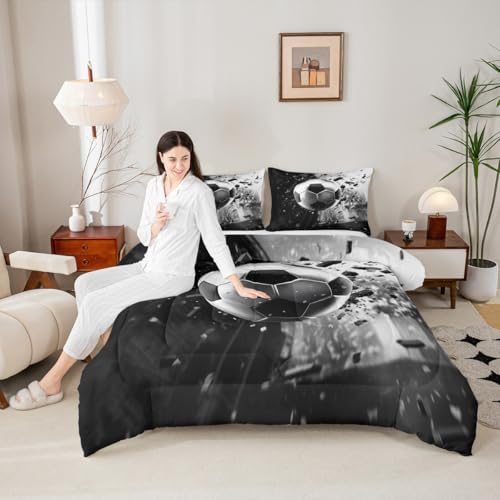 Image of Feelyou 3D Soccer Comforter Set Toddler Size Football Sport Theme Bedding Set for Kids Boys Girls Black Silver Duvet Quilt Bedroom Decor Microfiber 2 Pcs with 1 Pillow Cases