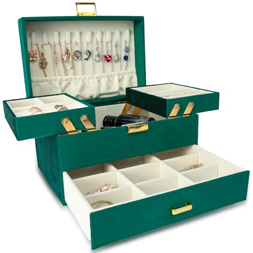 Dajasan Jewellery Box Organiser, 3-Layer Large Jewellery Storage Organiser with Drawer, Anti-Tarnish Velvet Jewelry Box for Necklaces, Aesthetic Gift for Women, Sliding Metal Stand, Modern (Green)