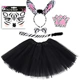 EduPlayte Disfraz de Cebra Bonito para Chica y Mujer, Vestido Negro con Cola de Rayas Blancas, Diadema con Orejas, Lazo, Guantes & Tatuaje Cara, Outfit Fiesta Animal Adorable