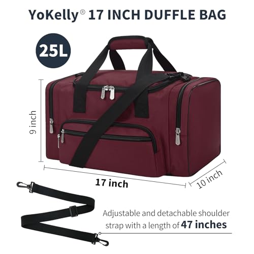 Image of 17 inch Small Duffle Bag, Burgundy | 25L, Multi Pockets, Carry On, Weekender Bag, Travel Gym Sport