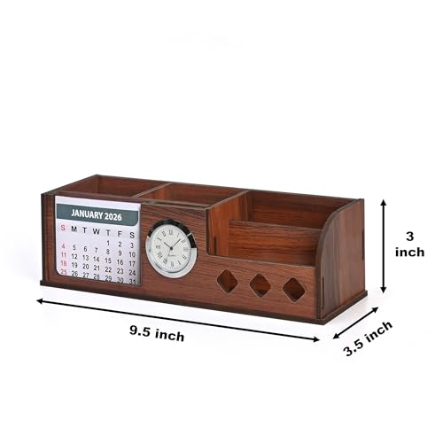 Image of Gift Kya De Desk Organizer with Wooden Diary, Bamboo Pen, 2026 Calendar, Clock, and 4 Compartments - Elegant Wooden Table Organizer for Office and Home Use (Combo 1)