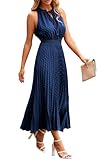 QUNERY Vestidos Verano Mujer Sin Mangas Vestido Largo Cuello en V Elegante Dress Volante de Lunares Suizos Elástica Cintura Alta Casual Azul XL