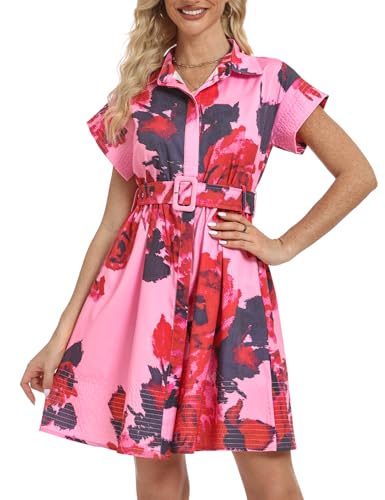 Rseoutlh Women's Button Down Shirt Dress Floral Printed V-Neck Turn Down Short Sleeve Mini Casual Trench Coat Formal Red