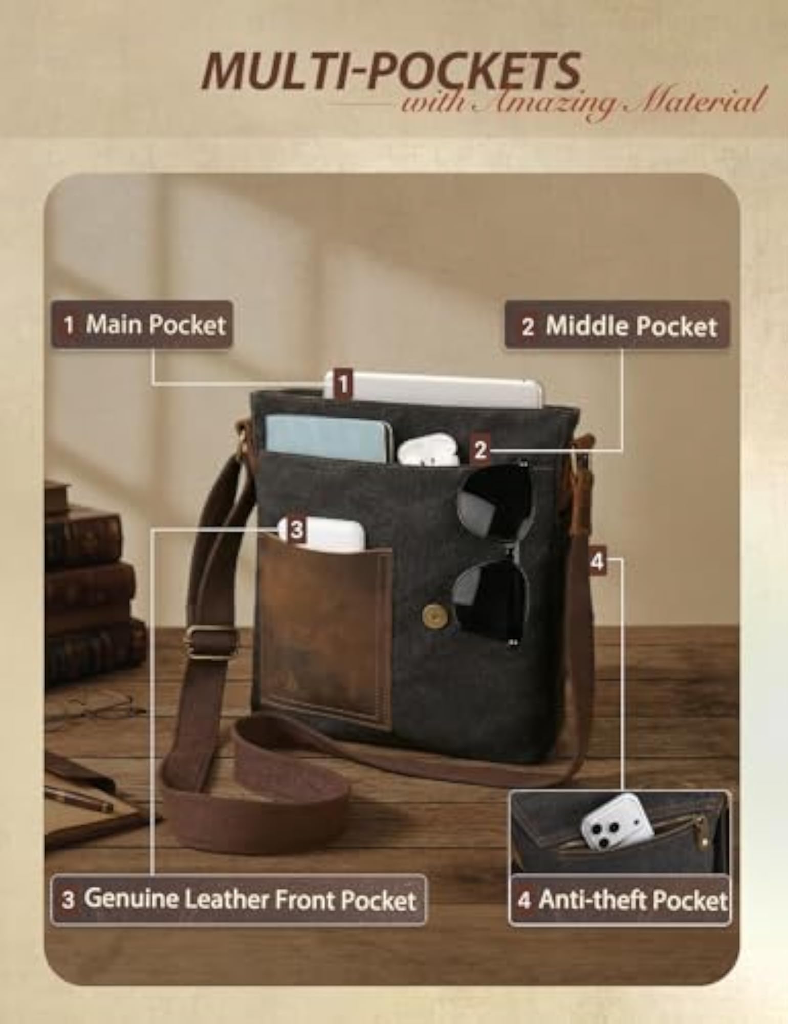 Vintage Canvas Leather Small Messenger Bag, Lightweight