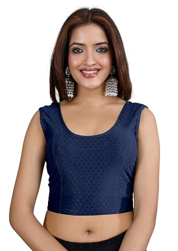 Image of TRENDMALLS Women's Dobby Pure Cotton Elastin Stretchable Readymade Round Neck Sleeveless Blouse Choli Stylish Saree Blouse Ready to Wear