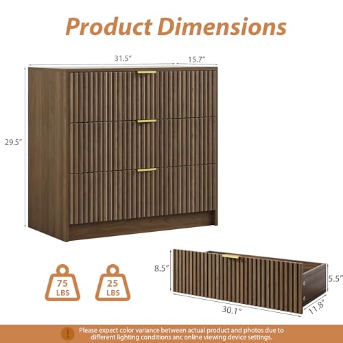 Image of MAISONARIA Fluted Dresser for Bedroom, 32 Inch Wide Nightstand with Large Drawer, 3 Drawer End Table for Bedroom, Living Rooms, Offices, and Entryways, Walnut
