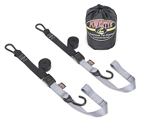 PowerTye MFG 1.5in x 6ft Tactical Black Cam Buckle Soft-Tye Tie-Downs with Black Carabiner + Bag - 500lb. Working Load Limit / 1,500 lb. Breaking Limit - Made in USA - Black/Silver Pair + Bag