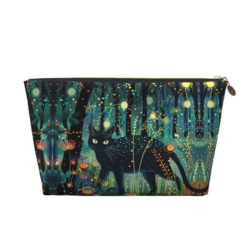 Mystical Black Cat Fireflies Makeup Bag, Cosmetic Bags Travel Toiletry Bag Make Up Bag for Women, Leather Makeup Bag Organizer, Cute Makeup Pouch Gold